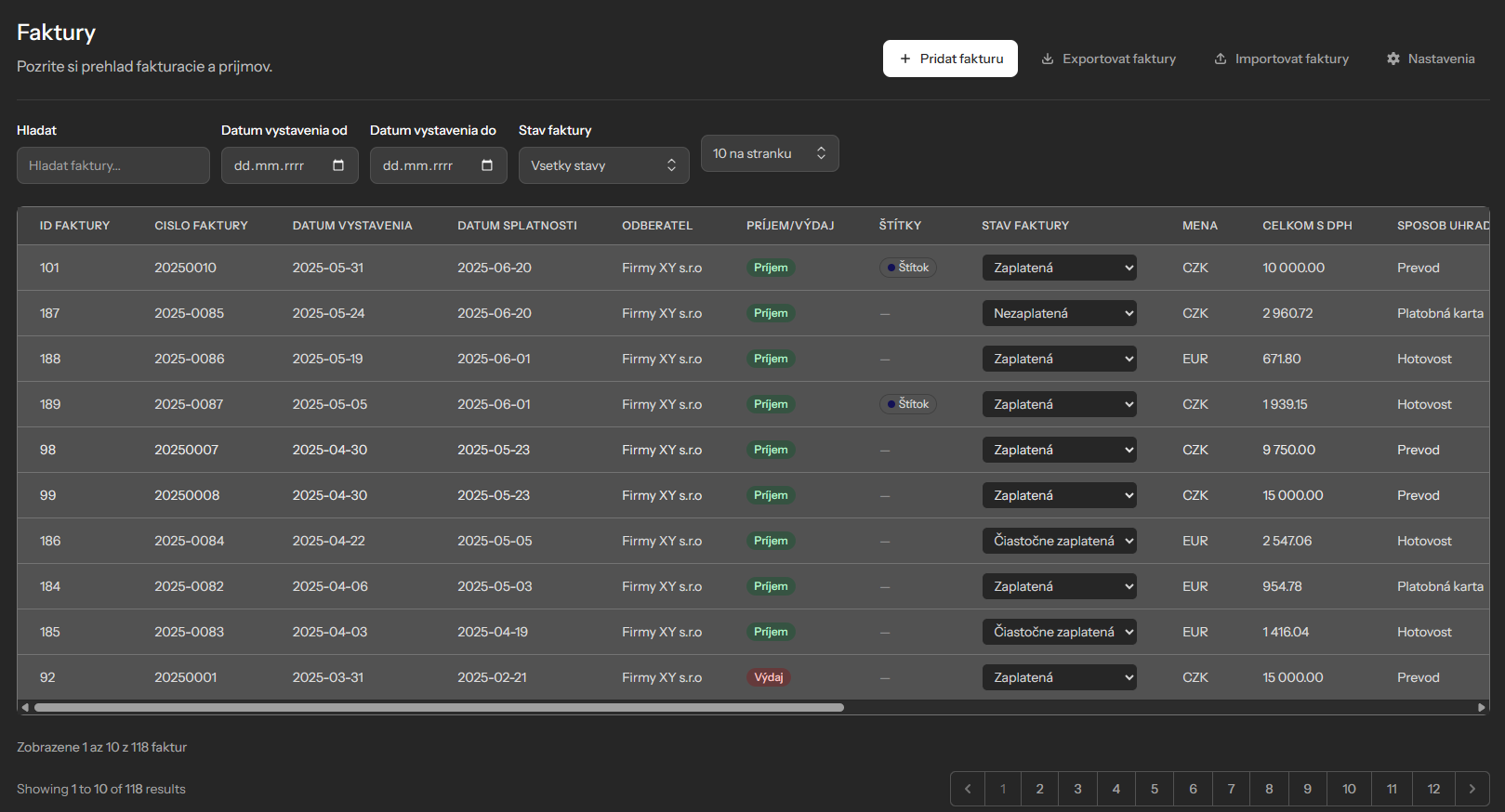 Screenshot reportu faktúr