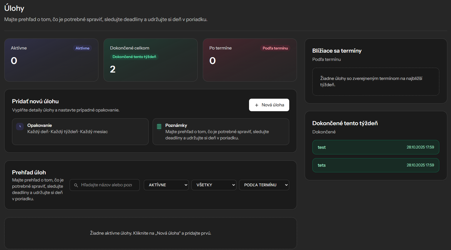 Screenshot sekcie úloh